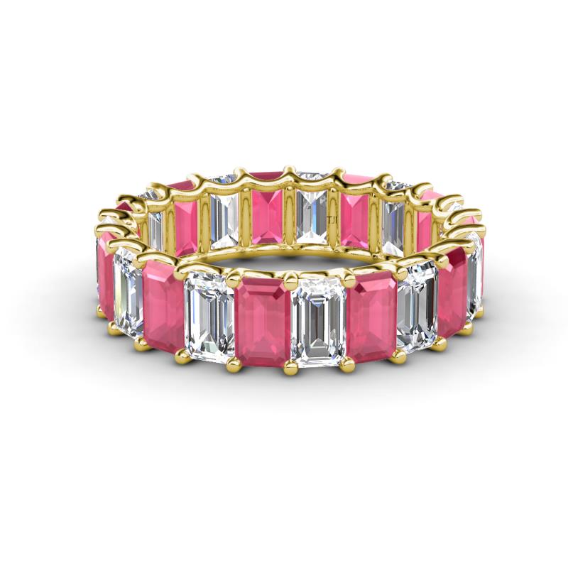 Victoria 5x3 mm Emerald Cut Rhodolite Garnet and Lab Grown Diamond Eternity Band 