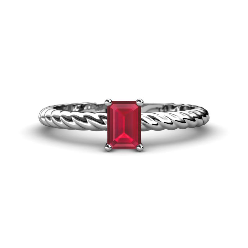 Leona Bold 7x5 mm Emerald Cut Ruby Solitaire Rope Engagement Ring 