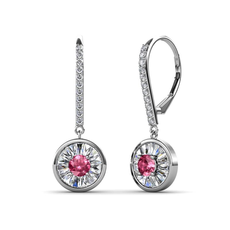 Lillac Iris Round Pink Tourmaline and Baguette Diamond Halo Dangling Earrings 
