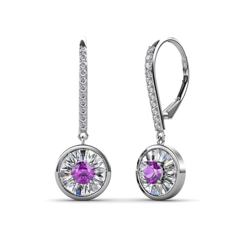 Lillac Iris Round Amethyst and Baguette Diamond Halo Dangling Earrings 