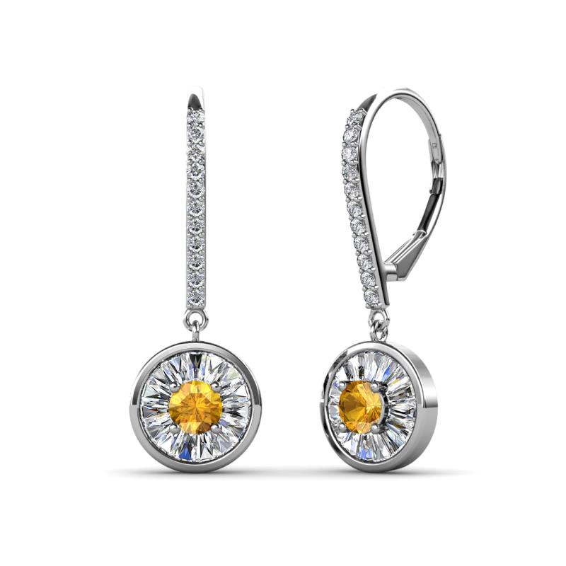Lillac Iris Round Citrine and Baguette Diamond Halo Dangling Earrings 