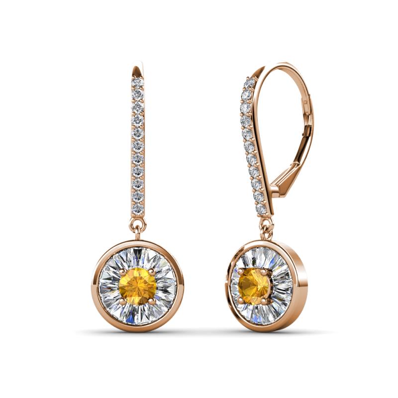 Lillac Iris Round Citrine and Baguette Diamond Halo Dangling Earrings 