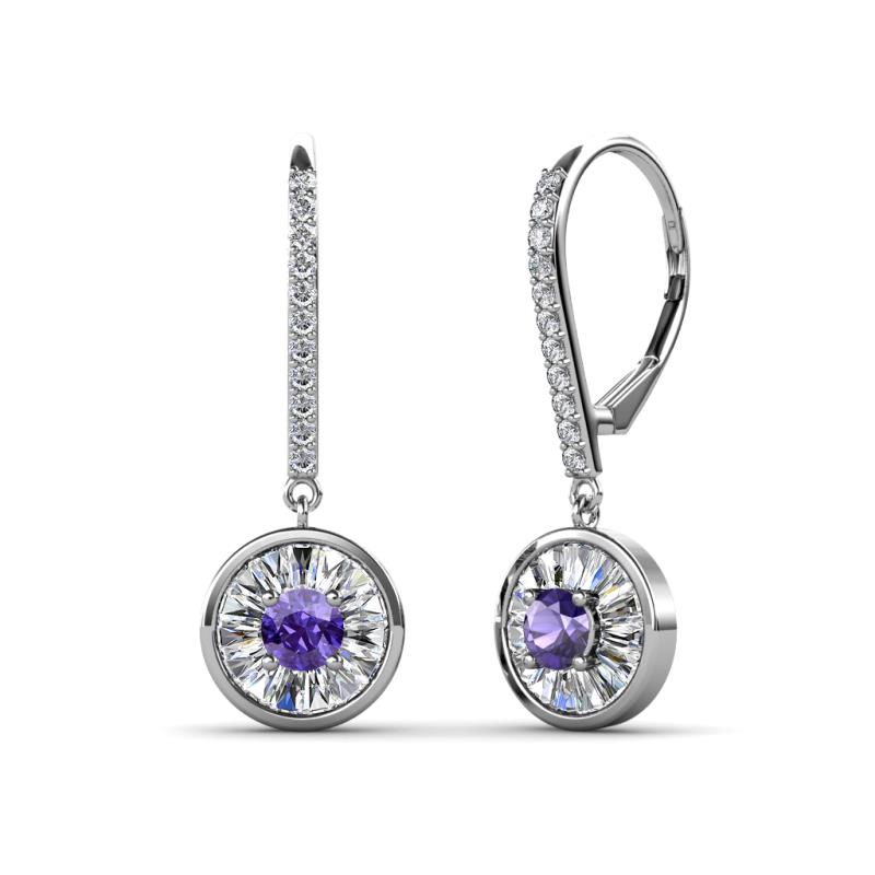 Lillac Iris Round Iolite and Baguette Diamond Halo Dangling Earrings 