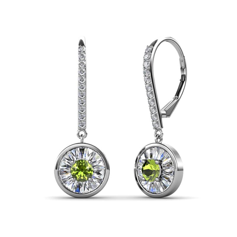 Lillac Iris Round Peridot and Baguette Diamond Halo Dangling Earrings 