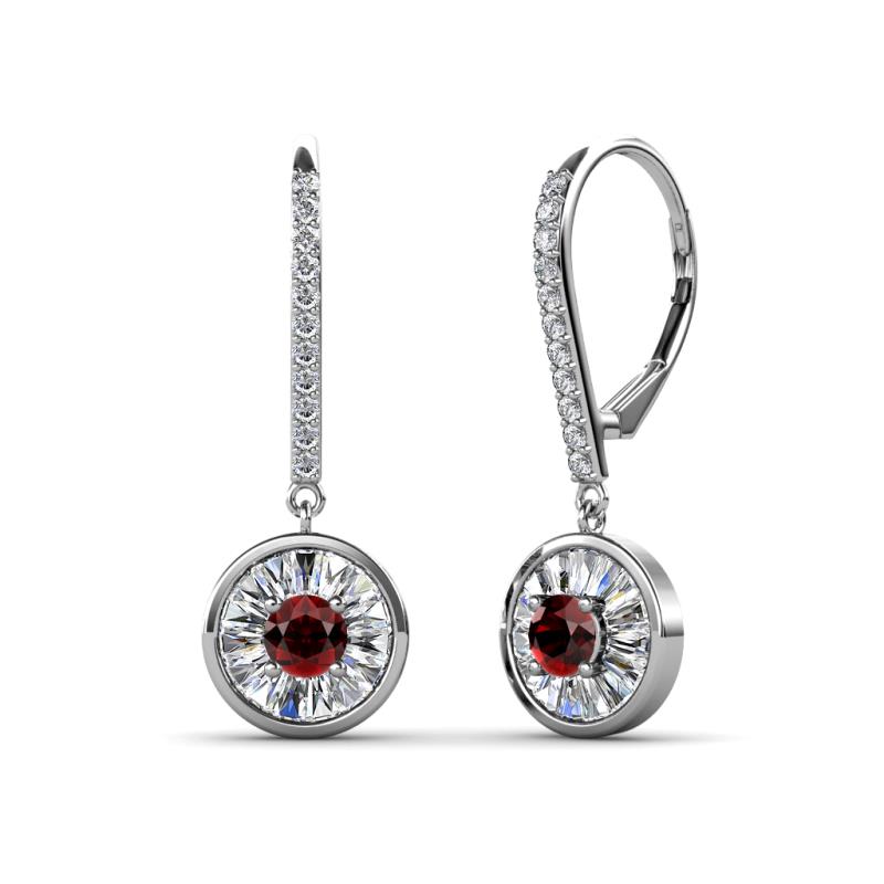 Lillac Iris Round Red Garnet and Baguette Diamond Halo Dangling Earrings 