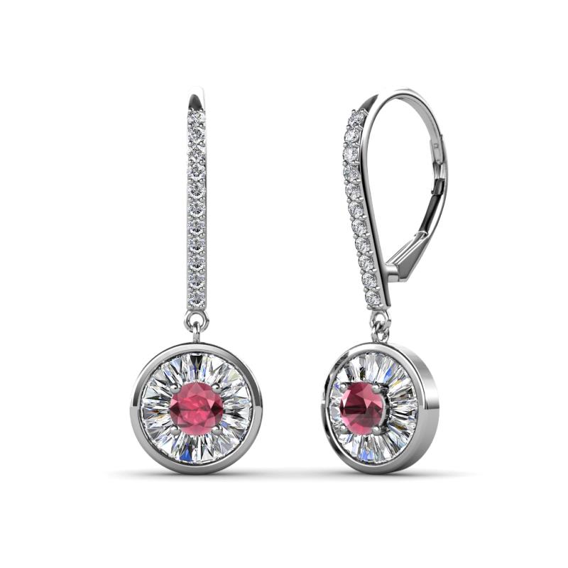 Lillac Iris Round Rhodolite Garnet and Baguette Diamond Halo Dangling Earrings 