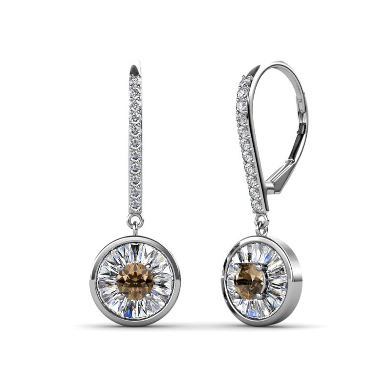 Lillac Iris Round Smoky Quartz and Baguette Diamond Halo Dangling Earrings 