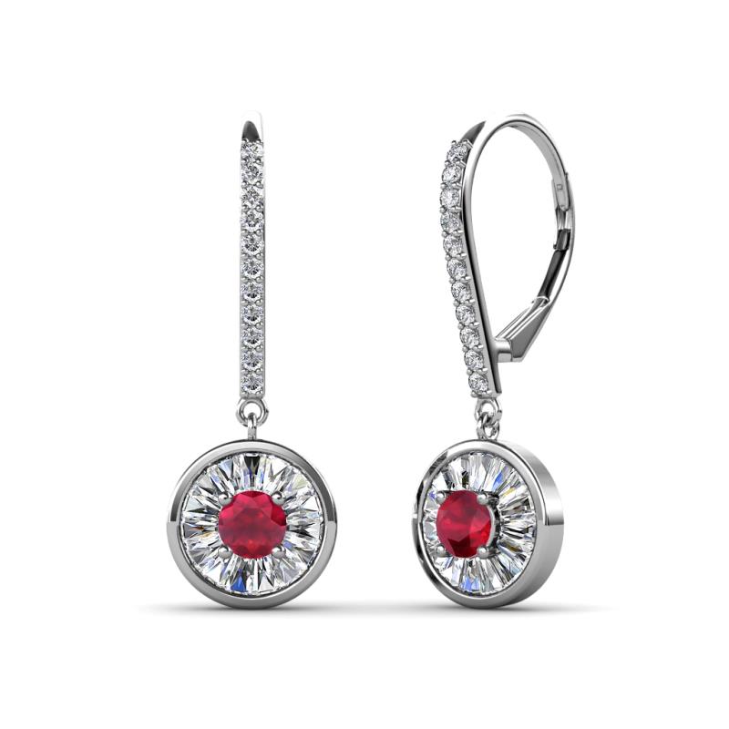 Lillac Iris Round Ruby and Baguette Diamond Halo Dangling Earrings 