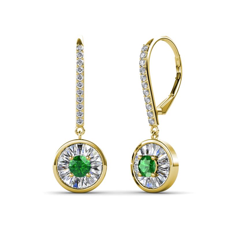 Lillac Iris Round Green Garnet and Baguette Diamond Halo Dangling Earrings 