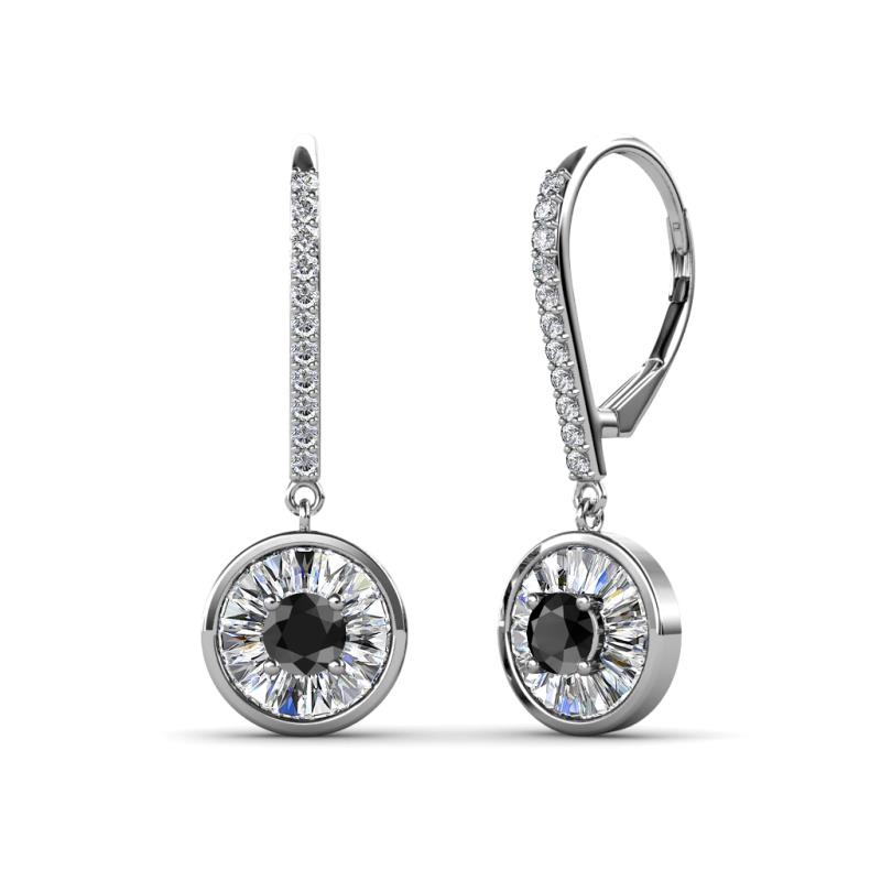 Lillac Iris Round Black Diamond and Baguette White Diamond Halo Dangling Earrings 