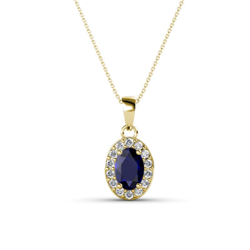 Davina 6x4 mm Oval Cut Blue Sapphire and Round Diamond Accent Halo Pendant Necklace 