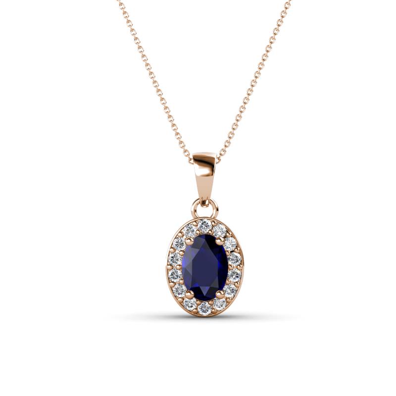 Davina 6x4 mm Oval Cut Blue Sapphire and Round Diamond Accent Halo Pendant Necklace 