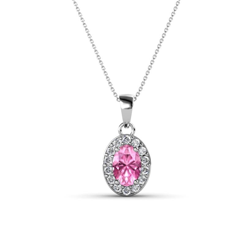 Davina 6x4 mm Oval Cut Pink Sapphire and Round Diamond Accent Halo Pendant Necklace 