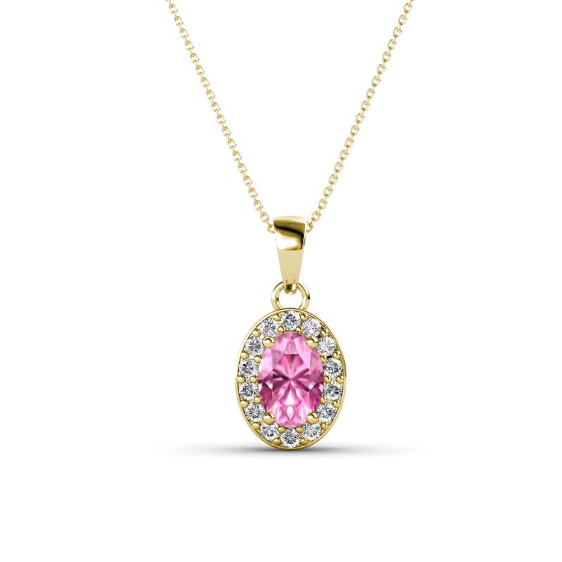 Davina 6x4 mm Oval Cut Pink Sapphire and Round Diamond Accent Halo Pendant Necklace 