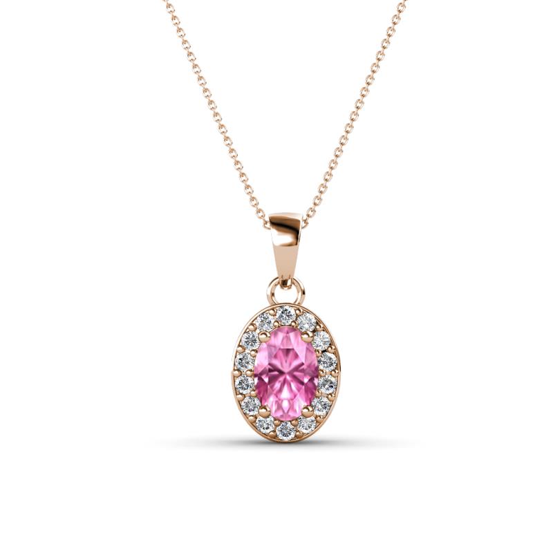 Davina 6x4 mm Oval Cut Pink Sapphire and Round Diamond Accent Halo Pendant Necklace 