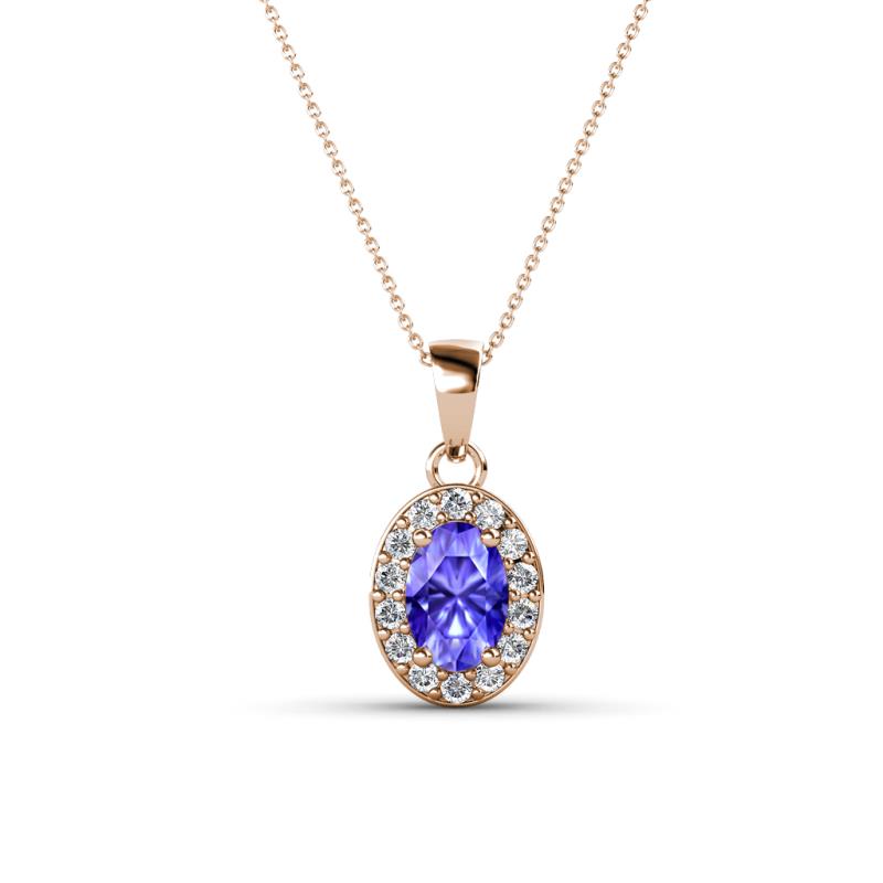 Davina 6x4 mm Oval Cut Tanzanite and Round Diamond Accent Halo Pendant Necklace 