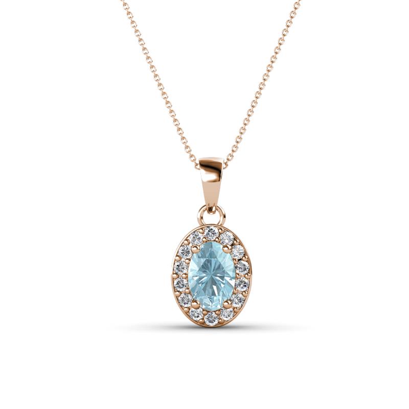 Davina 6x4 mm Oval Cut Aquamarine and Round Diamond Accent Halo Pendant Necklace 