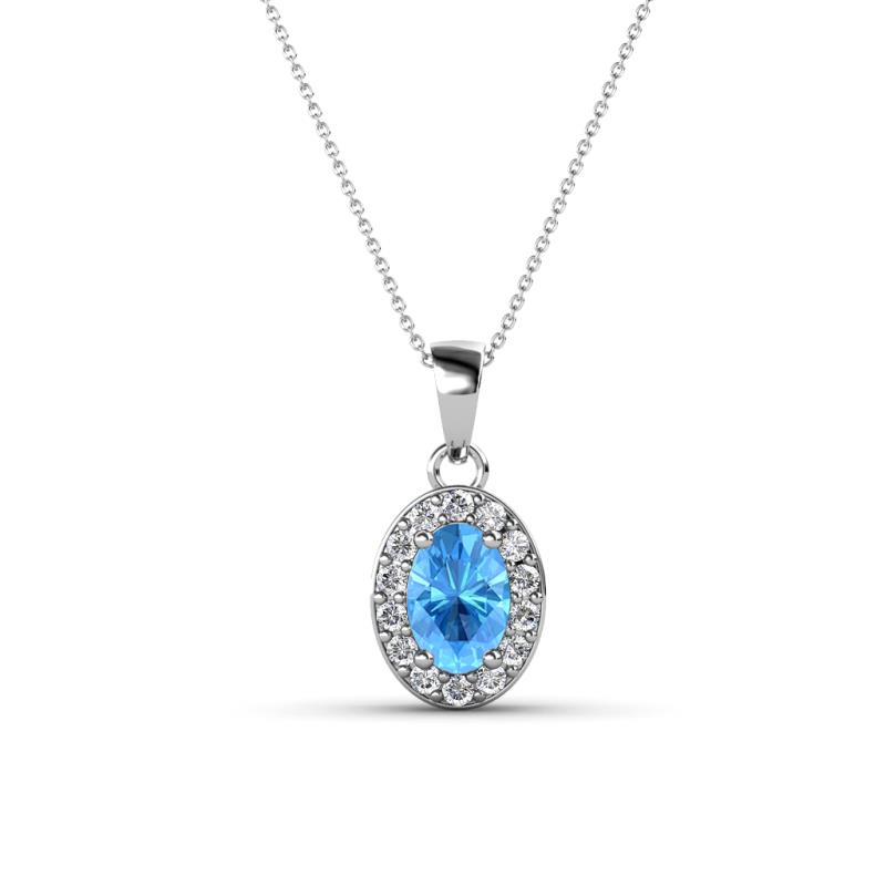 Davina 6x4 mm Oval Cut Blue Topaz and Round Diamond Accent Halo Pendant Necklace 