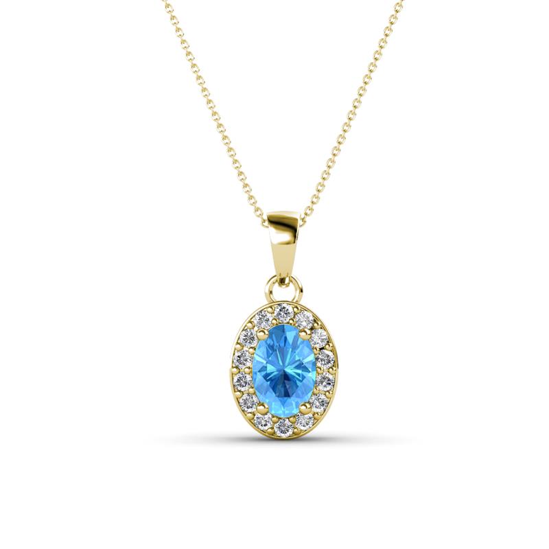 Davina 6x4 mm Oval Cut Blue Topaz and Round Diamond Accent Halo Pendant Necklace 
