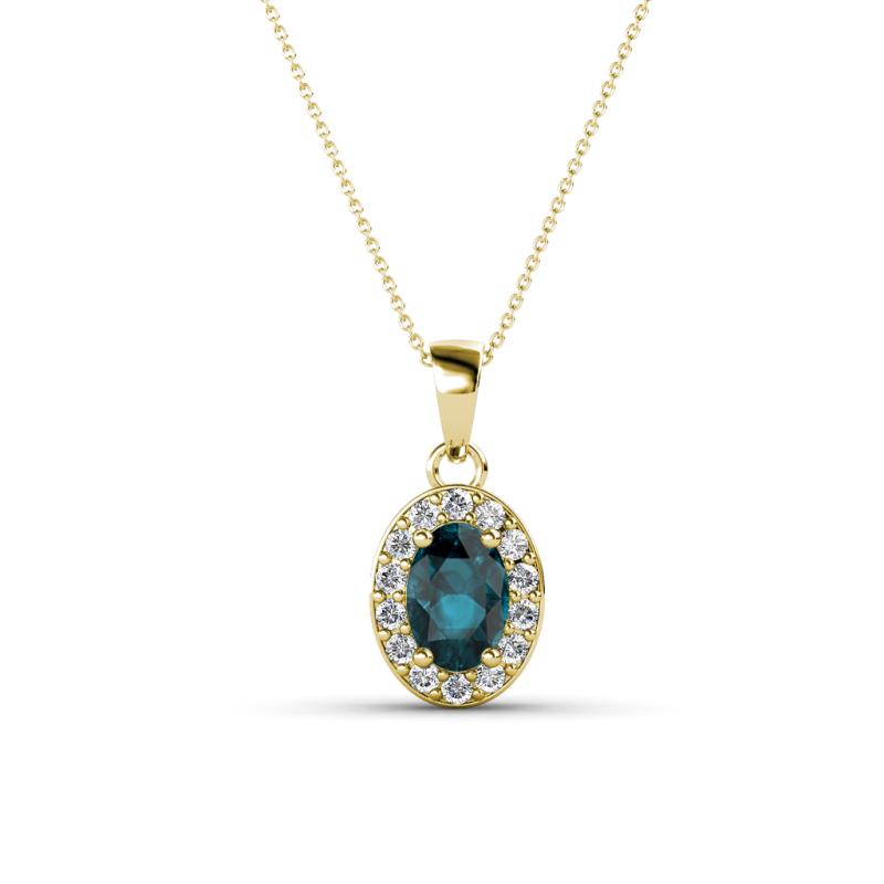 Davina 6x4 mm Oval Cut London Blue Topaz and Round Diamond Accent Halo Pendant Necklace 