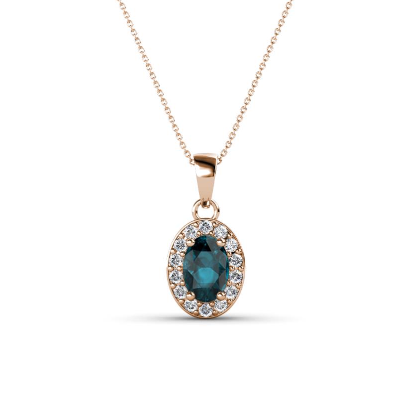Davina 6x4 mm Oval Cut London Blue Topaz and Round Diamond Accent Halo Pendant Necklace 