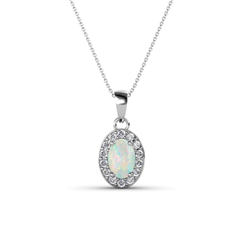 Davina 6x4 mm Oval Cut Opal and Round Diamond Accent Halo Pendant Necklace 