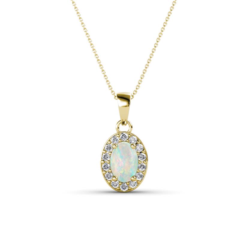 Davina 6x4 mm Oval Cut Opal and Round Diamond Accent Halo Pendant Necklace 