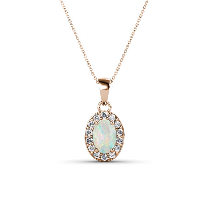 Davina 6x4 mm Oval Cut Opal and Round Diamond Accent Halo Pendant Necklace 