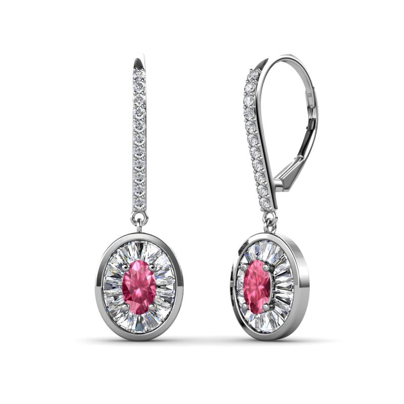 Dahlia Iris Oval Cut Pink Tourmaline and Baguette Diamond Halo Dangling Earrings 