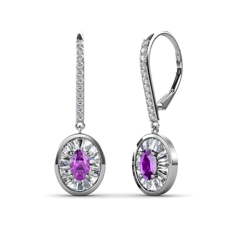 Dahlia Iris Oval Cut Amethyst and Baguette Diamond Halo Dangling Earrings 