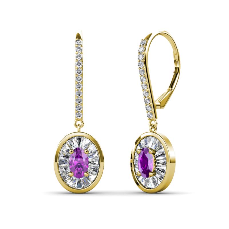 Dahlia Iris Oval Cut Amethyst and Baguette Diamond Halo Dangling Earrings 