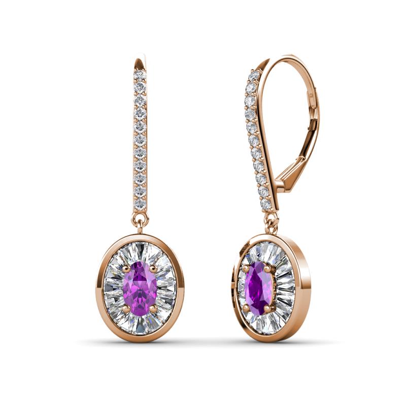Dahlia Iris Oval Cut Amethyst and Baguette Diamond Halo Dangling Earrings 