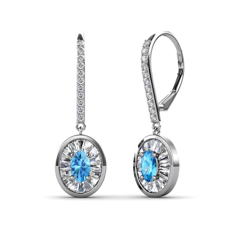 Dahlia Iris Oval Cut Blue Topaz and Baguette Diamond Halo Dangling Earrings 