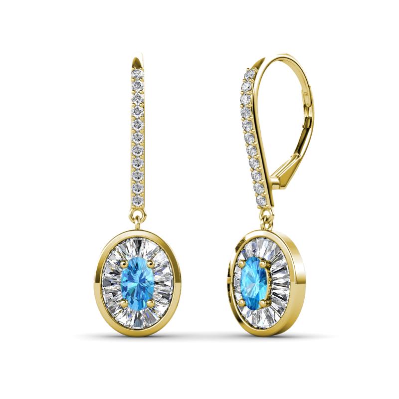 Dahlia Iris Oval Cut Blue Topaz and Baguette Diamond Halo Dangling Earrings 