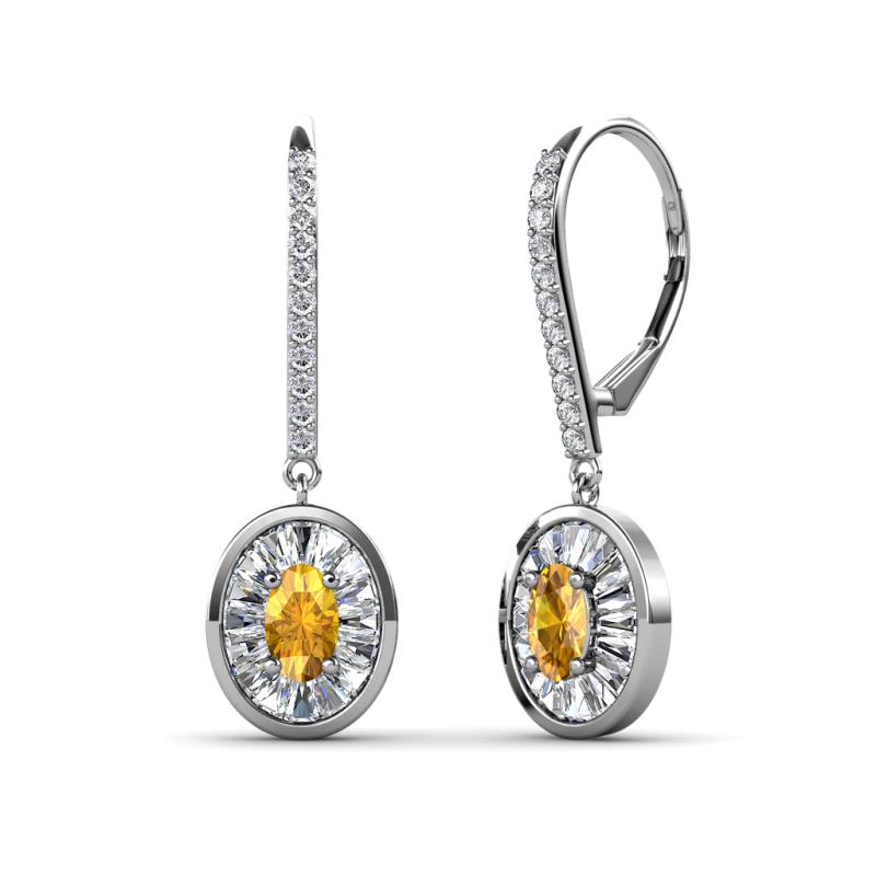 Dahlia Iris Oval Cut Citrine and Baguette Diamond Halo Dangling Earrings 