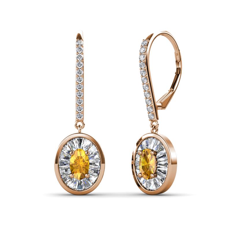 Dahlia Iris Oval Cut Citrine and Baguette Diamond Halo Dangling Earrings 