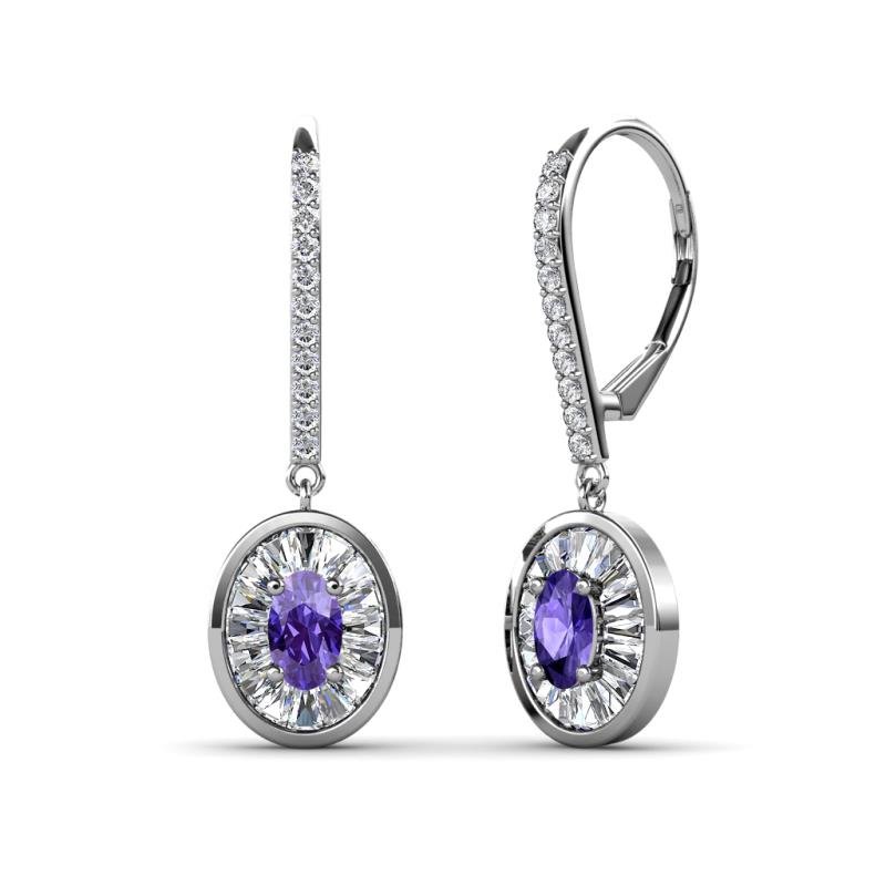 Dahlia Iris Oval Cut Iolite and Baguette Diamond Halo Dangling Earrings 
