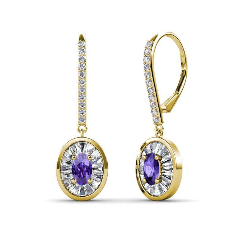 Dahlia Iris Oval Cut Iolite and Baguette Diamond Halo Dangling Earrings 
