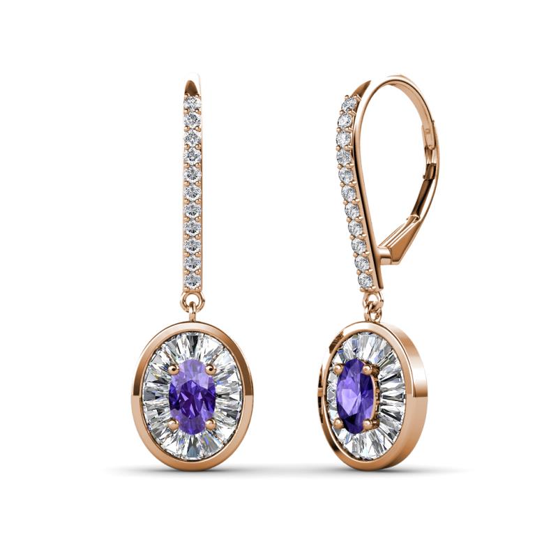 Dahlia Iris Oval Cut Iolite and Baguette Diamond Halo Dangling Earrings 