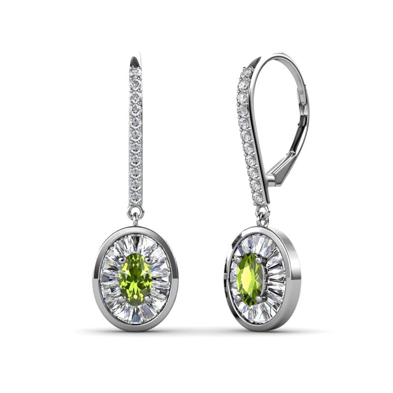 Dahlia Iris Oval Cut Peridot and Baguette Diamond Halo Dangling Earrings 