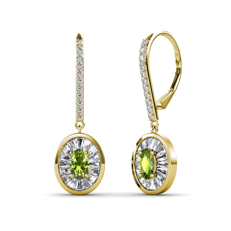 Dahlia Iris Oval Cut Peridot and Baguette Diamond Halo Dangling Earrings 