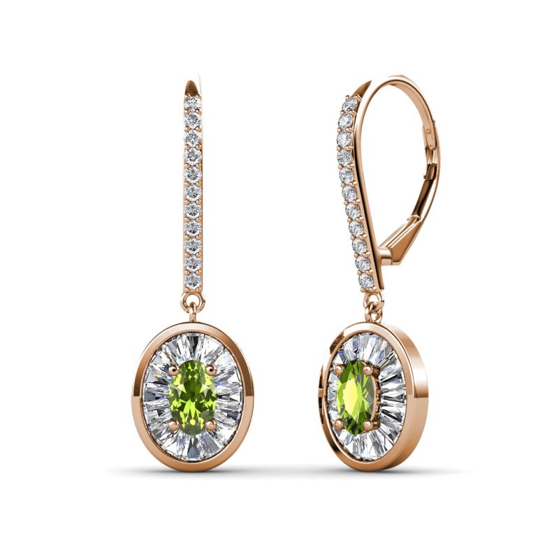 Dahlia Iris Oval Cut Peridot and Baguette Diamond Halo Dangling Earrings 