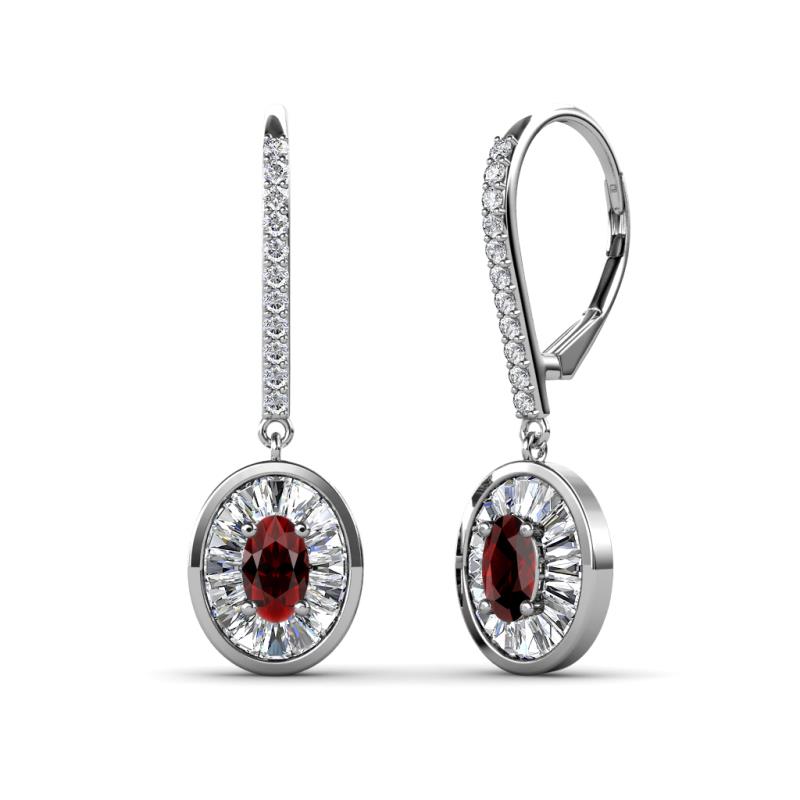 Dahlia Iris Oval Cut Red Garnet and Baguette Diamond Halo Dangling Earrings 