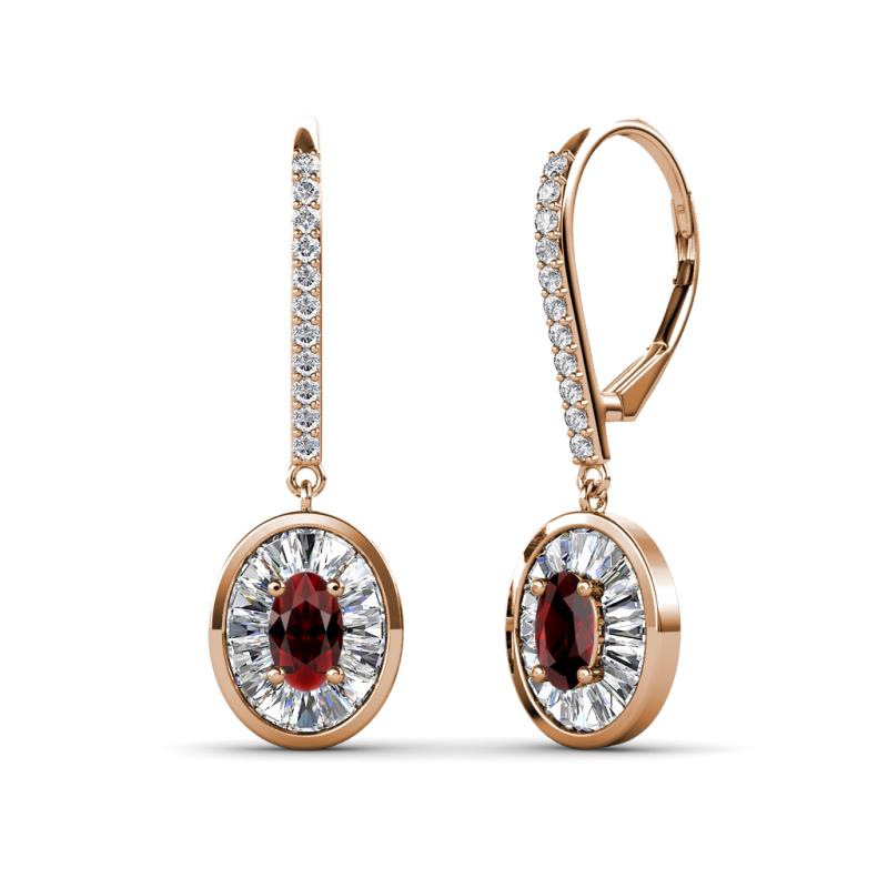 Dahlia Iris Oval Cut Red Garnet and Baguette Diamond Halo Dangling Earrings 
