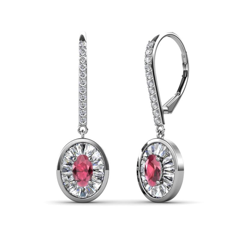 Dahlia Iris Oval Cut Rhodolite Garnet and Baguette Diamond Halo Dangling Earrings 