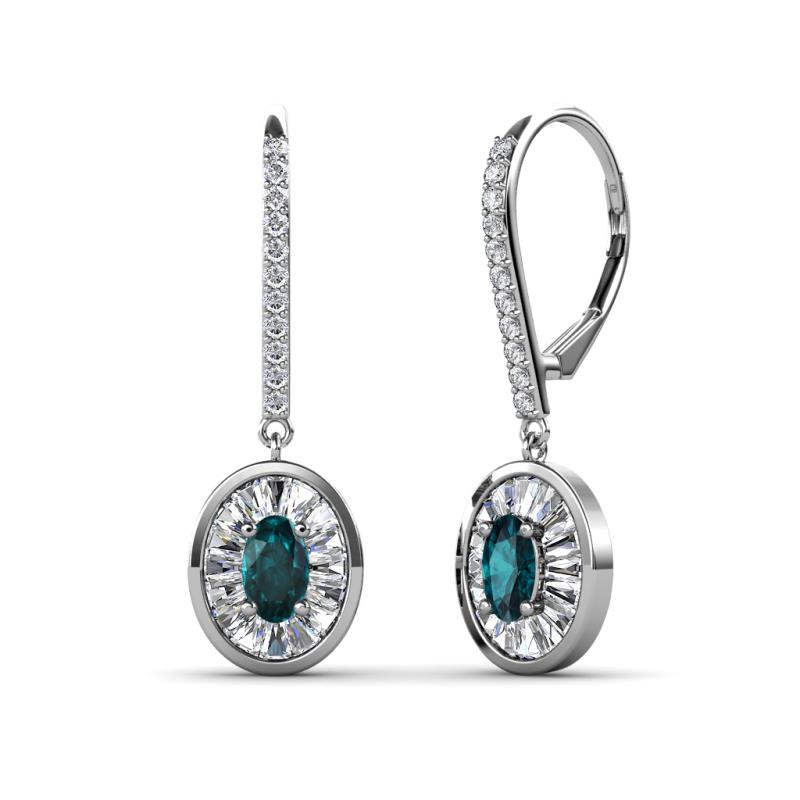 Dahlia Iris Oval Cut London Blue Topaz and Baguette Diamond Halo Dangling Earrings 