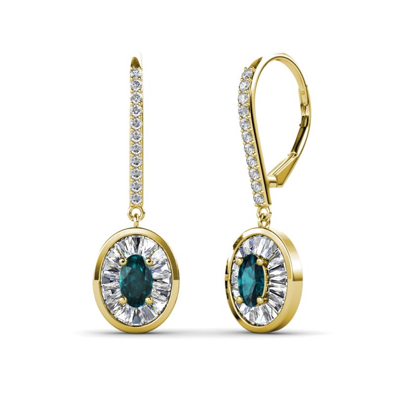 Dahlia Iris Oval Cut London Blue Topaz and Baguette Diamond Halo Dangling Earrings 