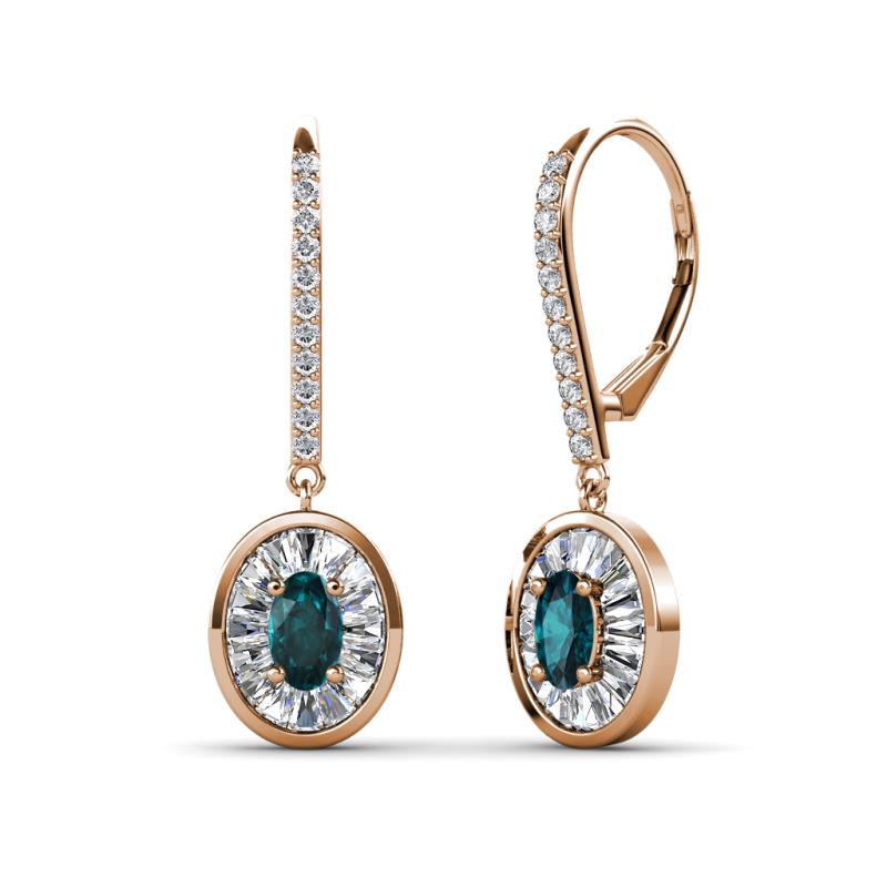 Dahlia Iris Oval Cut London Blue Topaz and Baguette Diamond Halo Dangling Earrings 