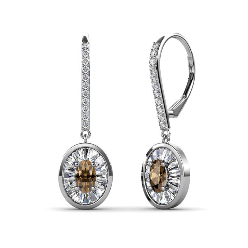 Dahlia Iris Oval Cut Smoky Quartz and Baguette Diamond Halo Dangling Earrings 