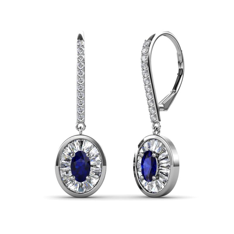 Dahlia Iris Oval Cut Blue Sapphire and Baguette Diamond Halo Dangling Earrings 